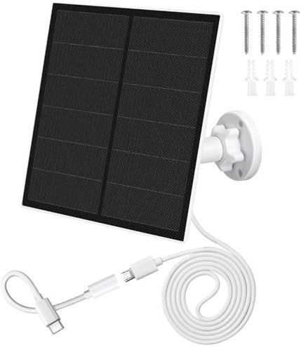 5W Panel Solar para Cámara de Seguridad, Paneles Solares con Micro USB y Puerto USB-C, Cable de 9,8 pies, Soporte Ajustable 360°, IP65 Impermeable