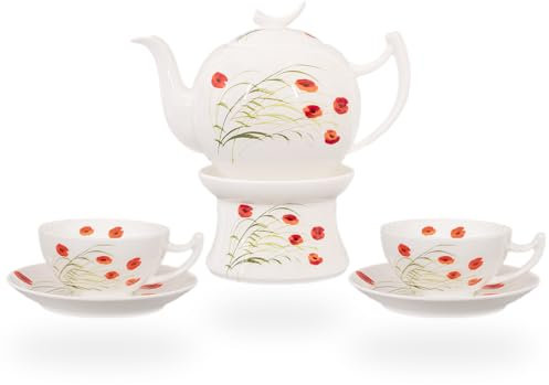 Teeservice aus Fine Bone China Porzellan. Teekanne 1l Füllvolumen, 2 Teetassen 150ml und 2 Untertassen und Stövchen. Design stilvoll. Modell: Caprice