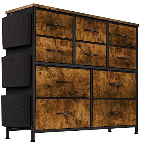ZoomBuggy Kommode Schrank mit 10 Schubladen aus Stoff, Sideboard mit Griffen & Metallrahmen, Stoffschubladen für Flur, Wohnzimmer, Schlafzimmer, Küche & Büro, Braun