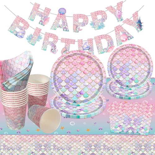 COLANANA Party Supplies,Party Tableware Set,Mermaid Birthday Decorations Contain Plates Tablecloth Cups Napkins Banner for Baby Shower Birthday Wedding Partys Anniversary(16 Guests)