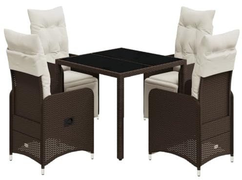 vidaXL Garten Bistroset 5-TLG., Balkonset mit Kissen, Gartenmöbel Tisch 4 Verstellbare Stühle, Balkonmöbel Sitzgruppe Gartengarnitur, Braun Poly Rattan