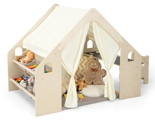 FANTASK 6-IN-1 Spielzelt Holz mit Kindertisch & Stuhl & Kinderregal, Kinderspielhaus mit Matte | Tafel | Aufbewahrungsboxen | Kreidebox, Kinderzelt Spielhaus Indoor für Kinder ab 2 Jahren(Mit 6 Boxen)