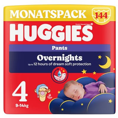 Huggies Overnight Pants Größe 4 (9-14 kg), Windeln-Monatsbox, 104 Stück (4x26), Windelhöschen für die Nacht
