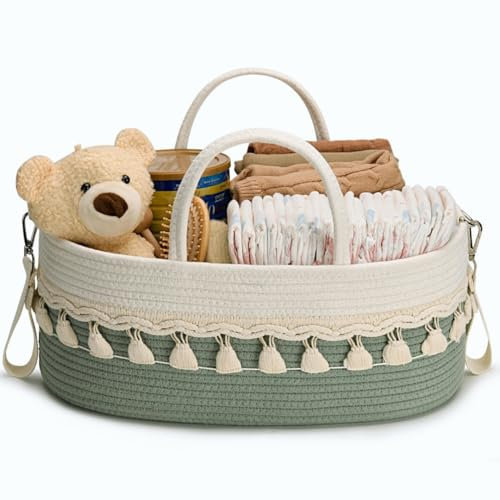 SEBRAM Wickeltisch Organizer Baby – Wickelkorb Boho aus Baumwollseil, Windel Organizer Caddy & Windelkorb mit Isoliertaschen und Tragegurt (Grün)