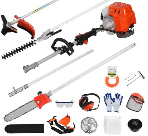 Petrol Multi Garden Tool 6IN1 Pole Hedge Trimmer Petrol Strimmer, 2-Stroke 2300W Brush Cutter Hedge Cutter, Pruner Chainsaw, Grass Trimmers, Lawn Edger