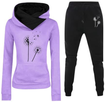 Women's Hooded Long Sleeve Track Suit Solid Color Running Gear Set Ladies Snow Bibs Petite/Regular/Tall Loose Stretch Casual Pants Women's Fashion Leg Mopping Denim Pants (Purple, M)