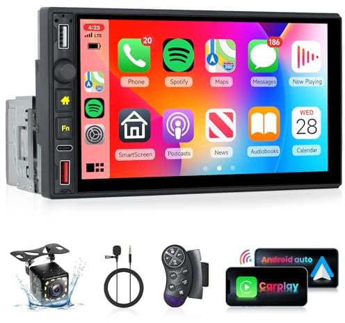 Car Stereo Single Din Car Radio with Wireless Carplay Android Auto,Hodozzy 7 Inches 1 Din Touch Screen with Bluetooth FM Radio Mirror Link USB/Type-C SWC Colorful backlight Car Player + Backup Camera