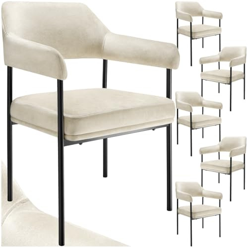 TecTake® Silla de Comedor Acolchada, Tapizada en Tela, con Respaldo Continuo y Reposabrazos, Patas de Acero Estables, Silla para Cocina, Salón, Dormitorio - 6 sillas Aspecto Terciopelo Blanco Roto
