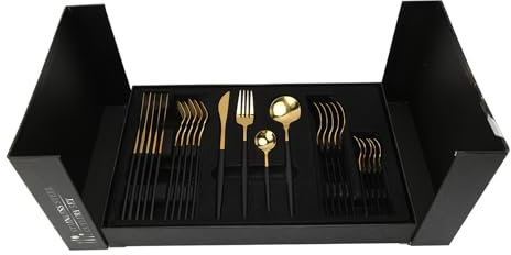 Catoco Cutlery Sets 24 Piece Cutlery Set Stainless Steel Cutlery Set Knife and Fork Sets Black Cutlery Set with High- End Gift Box for 6 Christmas Mirror Polish& Dishwasher Safe