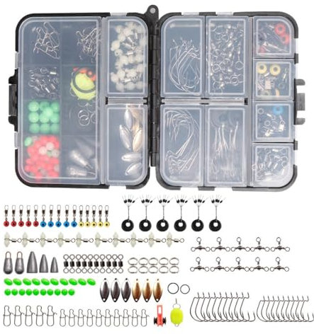 FOLANDO 183pcs Accessories Kit, Jig Hooks Bullet Bass Casting Weights Swivels Snaps Fishing Gear Set with Tackle Box