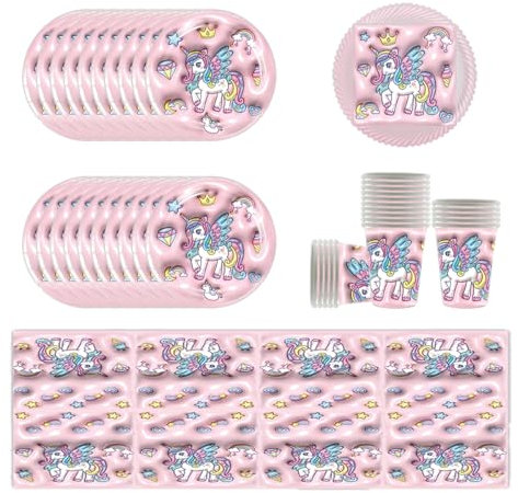 YINcrinx Vaisselle de fête licorne, comprenant assiettes, gobelets, nappes et serviettes de table. convenant aux fêtes d'anniversaire, aux fêtes de bébé, jusqu'à 20 invités.