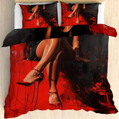 Qfpryzius Bettwäsche 135x200 2teilig Rote High Heels, Wende Bettwäsche-Set Sexy Frauenbeine Bettbezüge, Bettbezug Mikrofaser mit Reißverschluss und 1 Kissenbezüge 80x80 cm