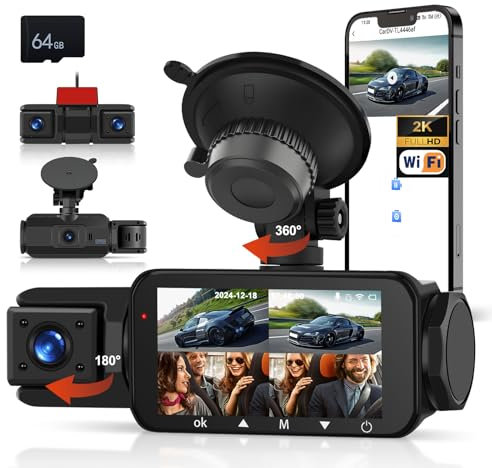 CAMECHO 4 Lens 2K/1080P Mini DashCam,4 Channel Bewegungsüberwachung Dash Cam mit 3 -Bildschirm,Eingebautes WiFi-GPS, ADAS,Super Nachtsicht, Loop-Aufnahme, 24Std. Parkmodus+64GB Speicherkarte