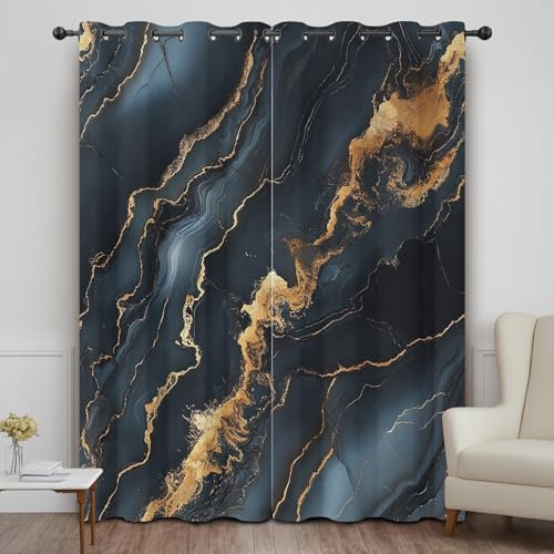 DlaQoryx Dunkelblau Marmor Vorhang Verdunkelung Gold Luxus Moderne Blickdichte Vorhänge, Gardinen Mit ösen Schlafzimmer Wohnzimmer Verdunklungsvorhänge 2er Set H 240 x B 132 cm