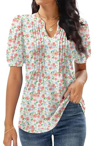 GRECERELLE Ladies Shirts V Neck Pleated Blouses Ruffle Short Sleeve T Shirts for Women UK Elegant Summer T-Shirts Blouses for Women UK (White Pink Rose Flower, XL)