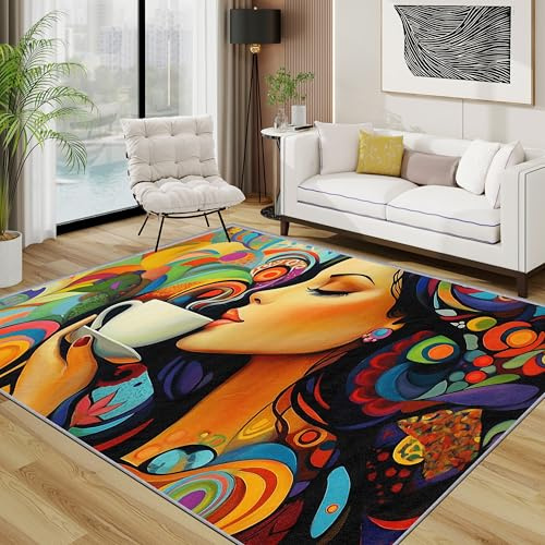 TerroVee Pop Art Teppich, Frauen Kaffee Bunt Teppiche rutschfest Waschbar Weich, Modern Abstrakt Wohnzimmerteppich Schlafzimmer Jugendzimmer, 120x180 cm, Grün Gelb
