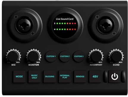 Bewinner 2 IN1 Live Sound Card Audio Mixer für Streaming -Podcasting, 48 -V -Phantom -Power, OTG -Getriebe, BT -drahtlose, Rauschreduktion, Soundboard für Karaoke -Spiele