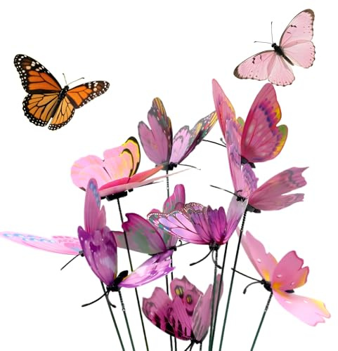 10pcs Pink Butterfly Stakes, Garden Ornaments Outdoor for Flower Pots, Plants and Yard, Butterfly Garden Stakes for Patio or Lawn, Fairy Garden Accessories and Ornaments for Fairy