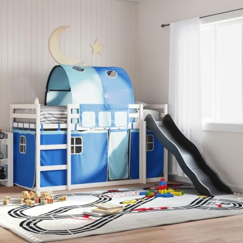 Qnhdfrt Hochbett mit Rutsche und Vorhängen aus Massivholz Kiefer Weiß Anthrazit 80x200 cm Platzsparendes Etagenbett mit Rausfallschutz für Kinder ab 6 Jahren