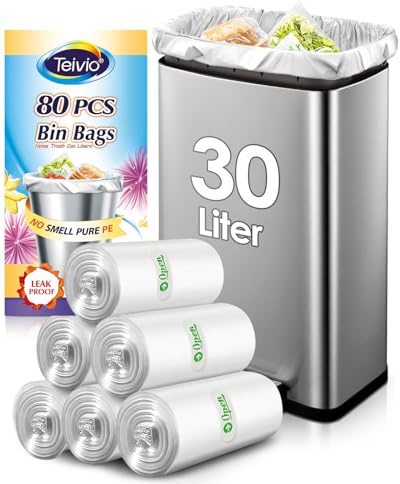 Teivio 30 Liter Medium Large Bin Bags 80 Counts, Medium Duty 8 Gallon Waste Bin Liners, Thick Plastic Waste Bags for Bathroom, Kitchen, Office, Fit 30L Rubbish Bin, clear