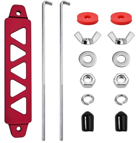 GOLD DEER Battery Hold Down Kit, Aluminum Alloy Battery Tie Down Mount Bracket, Batterys Hold Down Bracket with J Bolts, Universal 8.5 Triangular Five-Hole Car Batterys Holder Kit(Red)