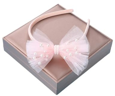 Waltonalice Haarband Mädchen Tüll Haarband mit Großer Perlen Schleife Glitzer Haarbänder Kunstperlen Stirnban Bogen Stirnband Festlicher Haarschmuck Elegantes Haaraccessoire Haarreif Rosa