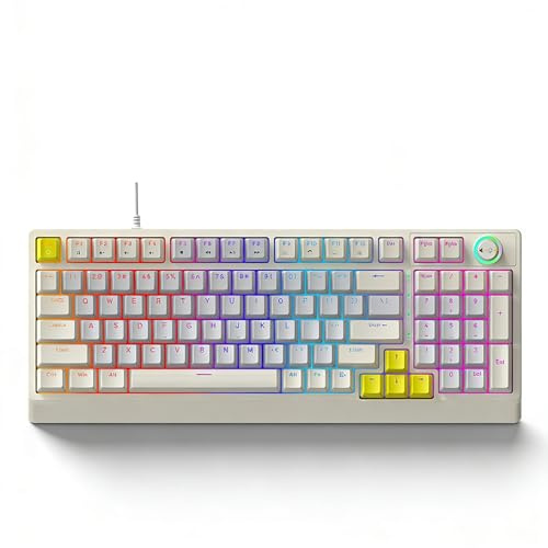 Sxhlseller Mechanische RGB Gaming Tastatur, 98 Tasten, Hot Swap fähig, mit Blauem Schalter und Drehknopf, Ergonomisches Low Profile Design für PC Computer Gaming Schreibarbeiten (Beige Grau Gelb)