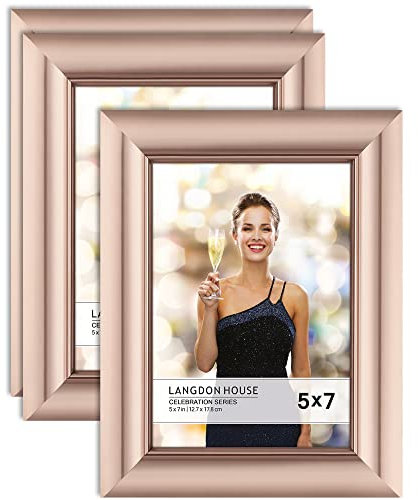 Langdon House 7x5 Picture Frames (Rose Gold, 3 Pack), Contemporary Glam Photo Frames 7 x 5, Wall Mount or Table Top, Celebration Collection