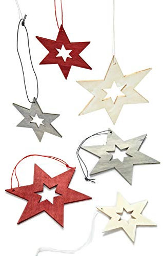 HEITMANN DECO Christbaumschmuck aus Holz - Sterne zum Aufhängen - Weihnachtsbaumschmuck Weihnachtsdeko - 24-teilig Rot, Grau, Natur, 22 x 13 x 4.5 cm