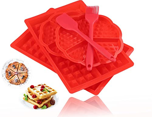 Mlying Silikon Waffelform Backform 4 Stück Waffeln Formkuchenform Schokoladen Süßigkeiten Formen Rot Herz und Rechteckige mit Teigschaber und Pinsel (4pcs)