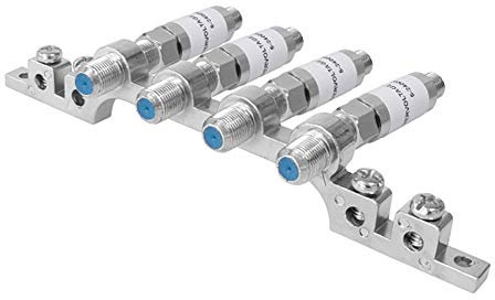 Set Angebot 5 teilig: Überspannungsschutz Blitzschutz Erdungsblock 4-fach Sat Kabel DVB-T F Kupplung Stecker Anschluss Schutzadapter Koaxialkabel Satelliten Anlagen Antennen TV LNB BK UKW HD 4K UHD