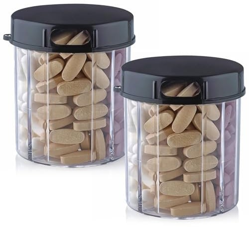 Round Pill Organizer Dispenser - Pack of 2 - Pill Boxes with 4 Compartments for Medication, Vitamins & Supplements Bottle Daily Pill Case Reminder Box, (Black and Clear)