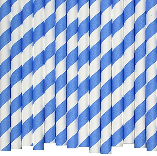 Pajitas de Papel a Rayas Azules (10mm x 200mm) - 200 Unidades - Certificadas por el FSC/Seguras para alimentos/Libres de PFAS/Biodegradables/Ecoamigables/Duraderas/Ideales para batidos