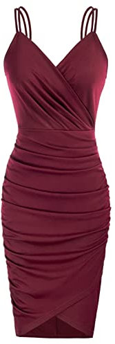 Robe Crayon Cocktail Col en V Cache Coeur Vintage Robe sans Manche Ourlet Irrégulier Plissée Grande Taille Vin Rouge -2 XXL