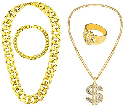 KINBOM 4 Stück Hip-Hop Kostüm Set, Dollarzeichen Halskette und Ring Rapper Goldkette und Armband 80er 90er Jahre Rapper Accessoires für Männer und Frauen