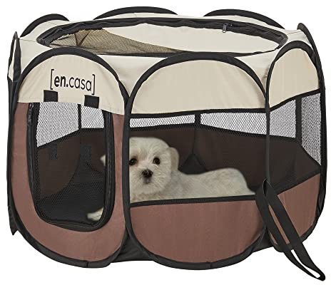 [en.casa] Hundelaufstall Telford 58 x 91 x 91 cm Pop Up Tierlaufstall für Innen- und Außenbereich Welpenlaufstall Hundehütte Braun/Cremefarben