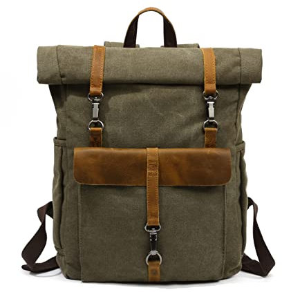 FANDARE Rolltop Rucksack Leinwand Schulrucksack Laptop Handgepäck Rucksack Herren Damen mit 15.6 Zoll Laptopfach Rucksäcke zum Business Arbeit Reise Schulranzen Daypacks Armeegrün