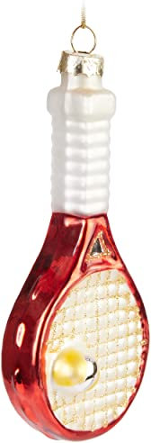 BRUBAKER Tennisschläger Rot mit Tennisball Weihnachtskugel aus Glas - Handbemalt und Mundgeblasen - Tennis Sport Christbaumschmuck Lustig - Weihnachtsdeko Figur Anhänger - Deko Baumkugel