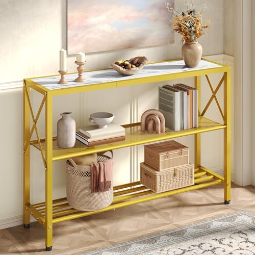 Hoctieon Gold Console Table, 3 Tier Entryway Table, Hallway Table, Narrow Sofa Table with Shelves, Entrance Table for Entryway, Gold and White