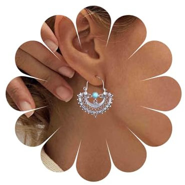 Allereya Vintage Turquesa Pendientes Colgantes Tribal Totem Gota Medio Circulo Pendientes Colgantes Pendientes Plata En Forma Abanico Semi Circulo Pendientes Joyas Para Mujeres Y Niñas (plata)