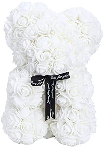 KENANLAN 9 inch Rosa Rosen Bär Ewigen Rosen, Künstliche Blumen,Handgemachter Rose Teddybär, Jahrestag,Valentinstagsgeschenk (in Beutel)(Weiß)