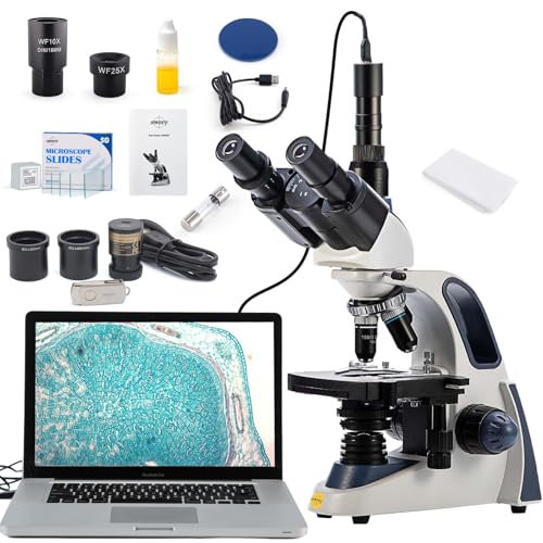 SWIFT Microscopio trinoculare SW380T, ingrandimento da 40 a 2500 volte, testa della pentola, tavolo meccanico a due strati, con fotocamera da 5,0 MP e software, e 100 vetrini vuoti