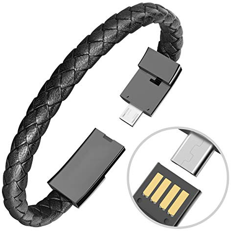 SAMERIO Micro USB Kurzes Kabel Mode Punk Armband Tragbares geflochtenes Lederkabel Handgelenk Datenübertragungs Ladekabel für Android Perfektes Geburtstags/Valentinstags Geschenk