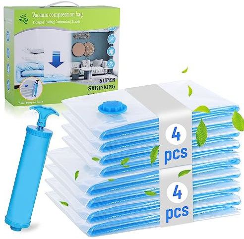 Chuner 8er Set Vakuumbeutel für Bettdecken, 4 Jumbo 100x80cm + 4 Groß 80x60cm - 80% Platz Sparen, Vakuumbeutel für Kleidung Groß Aufbewahrungstasche Wiederverwendbare, Handpumpe Enthalten