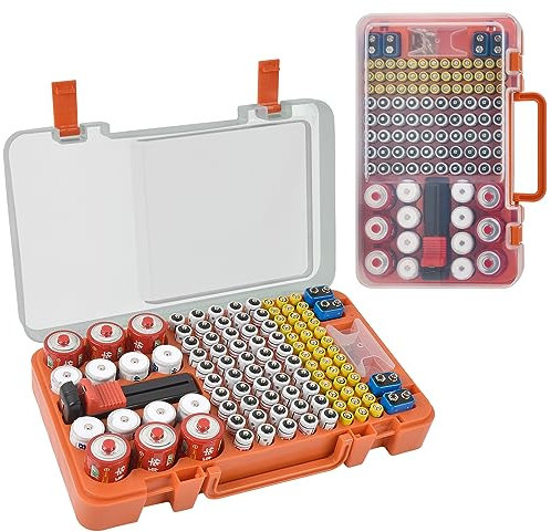 Battery Organizer Storage Case with Tester Checker. Batteries Holder Box Container for 120+ AA AAA 9V C D Lithium CR2025 CR1632 CR2032 Coin Cell Battery with Wall-Mounted Design -Orange