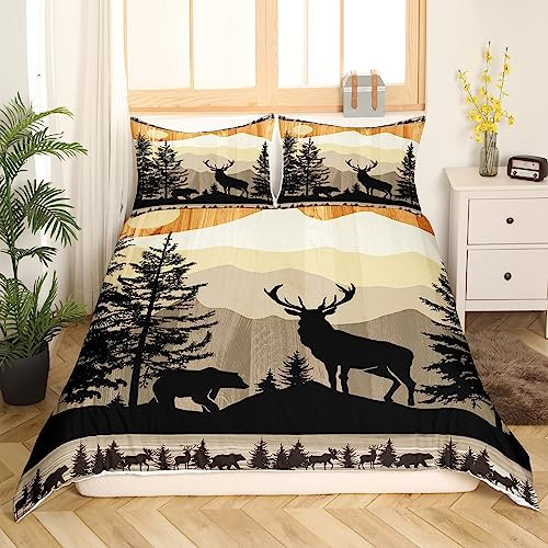Rustikale Hirsch Bettwäsche Set Western Farmhouse Thema Bettbezug 135x200,Wild Tier Hirsch Druck Tröster Abdeckung für Erwachsene Frauen Teens Bär Druck Bettwäsche,Alte Scheune Tür Bettdecke Abdeckung