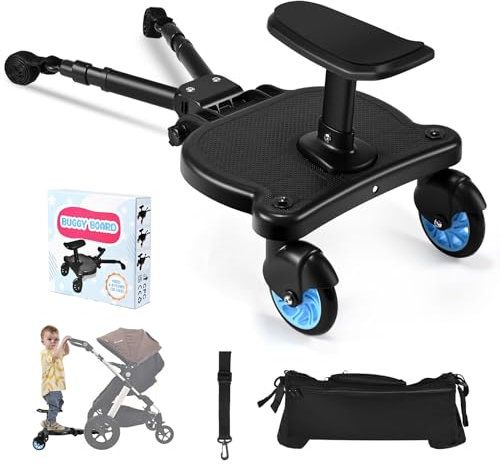 BugyKido Buggy Board mit Sitz, Trittbrett für Kinderwagen Universal, Buggy Board für Alle Kinderwagen, mit Kinderwagen Organizer und Aufhängegurt, Kiddy Board für Kinder von 2 bis 6 Jahren (25 KG)