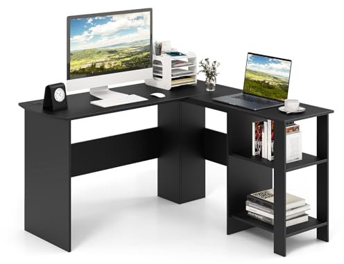 COSTWAY Schreibtisch L-Form, Eckschreibtisch mit 2 Kabellöchern & Ablagefächern, Ecktisch, Computertisch, Bürotisch für Zuhause oder Büro, 130 x 130 x 74 cm (Schwarz)