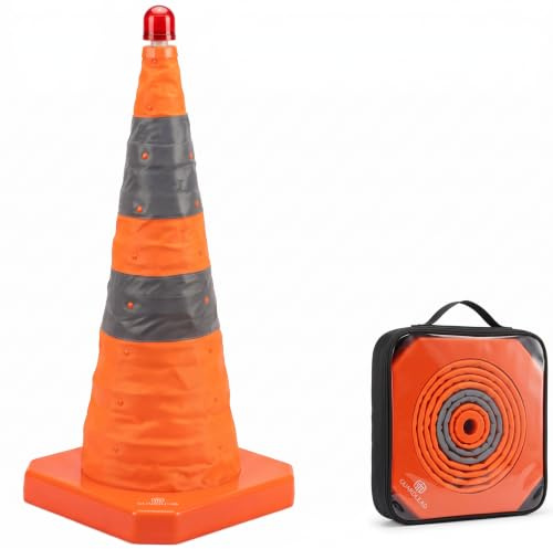 GUARDLEAD 1 x Cône de Signalisation Pliable 70 cm avec LED, Cône de Sécurité à Base ABS Lourde (1,8 kg), Résistant au Vent et Réfléchissant, pour Panne Automobile, Parking et Chantier
