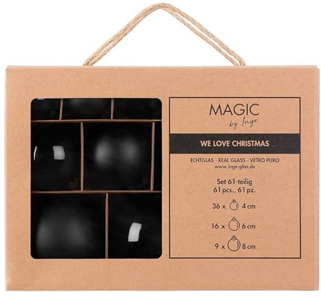 Inge Glas Weihnachtskugeln | Große Kugelbox mit 61 Kugeln | 4cm 6cm & 8cm große Christbaumkugeln (Ebony Black | schwarz)